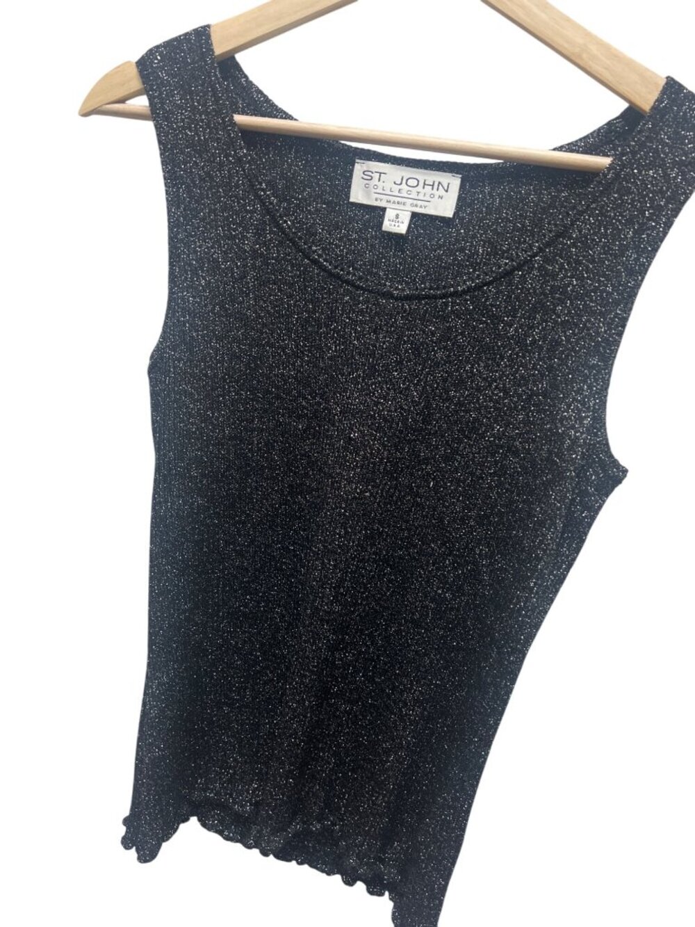 St John Black Metallic Sparkle Knit Sweater Shell with Scalloped Hem